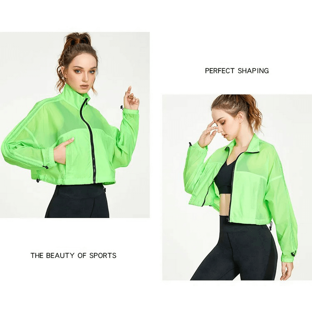 Trendy women's neon windbreaker jacket for sports, featuring full sleeves, breathable nylon, and quick-dry technology.